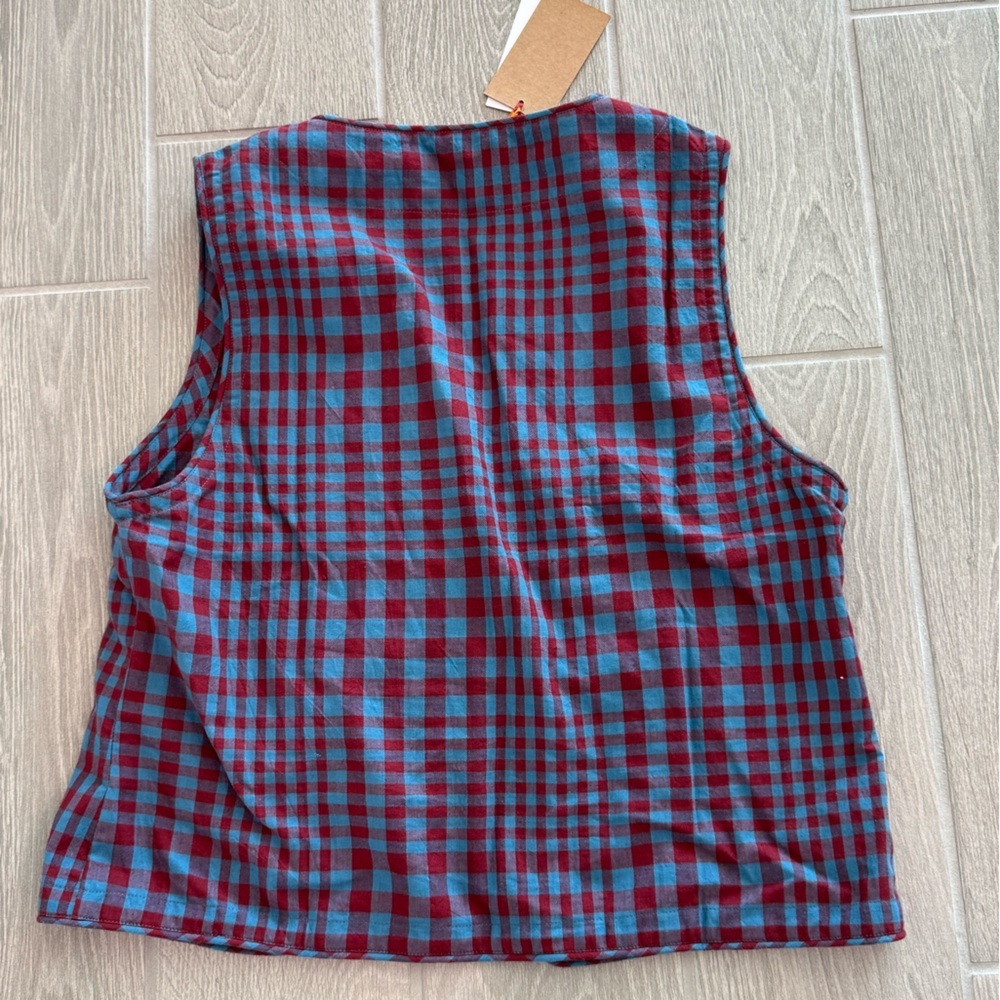 RUJUTA SHETH 100% Handwoven Cotton Carmen Vest Beacon Chex Red Blue Large NWT - Picture 9 of 11
